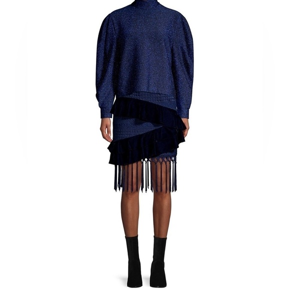 PatBO Velvet & Lace Fringed Mini Skirt in navy size 2 - Picture 5 of 11